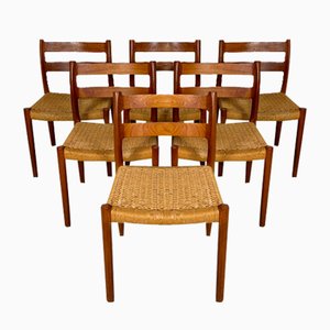 Vintage Danish Teak and Papercord Dining Chairs 84 by Niels O. Møller for Jl Møller, 1960s, Set of 6