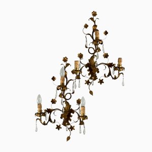Mid-Century French Wrought Iron and Crystal Wall Lamps, 1950s., Set of 2