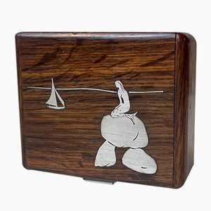 Caja moderna Mid-Century de roble con la Sirenita en plata, años 60