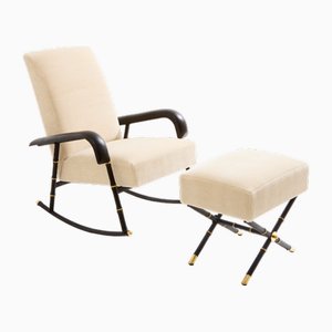 Sedia a dondolo in pelle e velluto con poggiapiedi di Jacques Adnet, 1950, set di 2