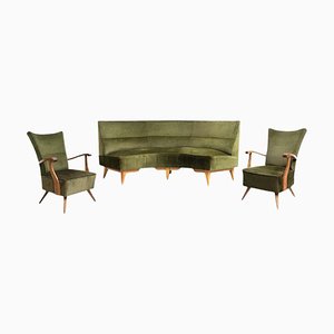 Fauteuils et Canapé en Velours Vert et Chêne, 1950s, Set de 3