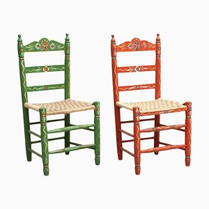 Rustic Traditional Hand Painted Wood Chairs, 1940s, Set of 2