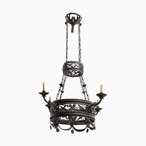 Large Sculptural French Black Metal Ceiling Lamp, 1930s