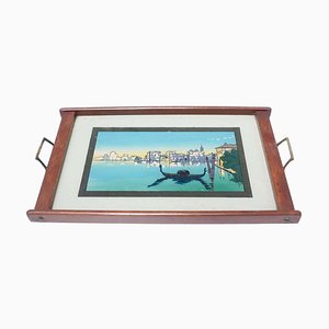 Plateau Ancien en Bois et Verre avec Paysage de Venise, 1930
