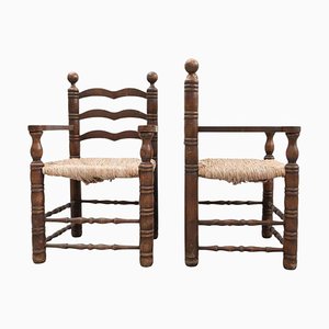 Fauteuils Populaires Rustiques Début 20ème Siècle en Bois et Rotin, Set de 2