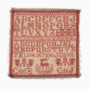 Vintage 20th Century Red and White Cross-Stitch Sampler with Alphabet & Numbers, 1930s