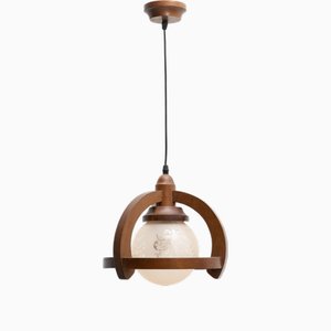 Vintage French Wood and White Glass Ceiling Lamp, 1960s