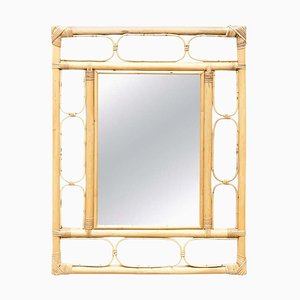 Miroir Mid-Century Moderne Artisanal French Riviera en Rotin de Bambou, 1960s