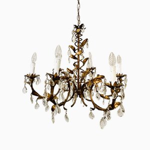 Vintage Gold Leaf Crystal Chandelier with 6 Lights, 1950s