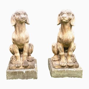 Grandes Statues Chiens en Pierre à Chaux, France, 1940s, Set de 2