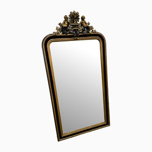 Antique Black and Gold Mirror with Cupid, France, 1800s