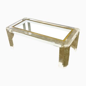 Acrylic Glass Coffee Table with Brass Details and Glass Plate, France, 1980s