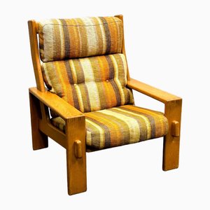 Large Vintage Elm Wood Lounge Chair with Original Fabric, France, 1970s