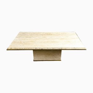 Vintage Travertine Coffee Table with Brass Rim, France, 1980s
