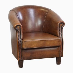 Cognac Sheep Leather Club Chair with Fixed Seat Cushion