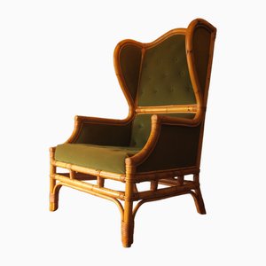 Sillón de orejas Mid-Century de bambú y verde oliva, años 60