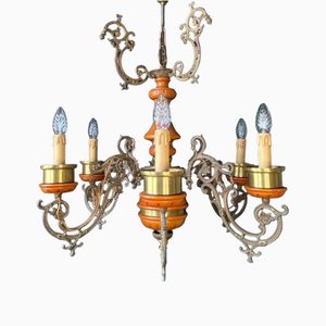 Lampadario antico in legno e ottone, Italia, anni '50