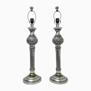 Large Silver Gold Carved Spheric Table Lamps, 1990s, Set of 2