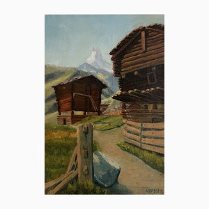 Marius Chambaz, Mazots au pied du Cervin, 1919, Olio su tela