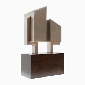 Lámpara de mesa de acero inoxidable y madera hecha a mano, Francia, años 70