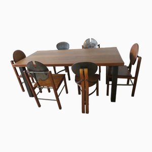 Mid-Century Brutalist Teak and Patinated Steel Dining Table & Chairs, Set of 7
