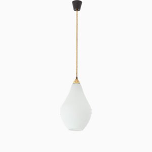 Lampe à Suspension Vintage en Laiton et Verre Opalin, Italie, 1950s