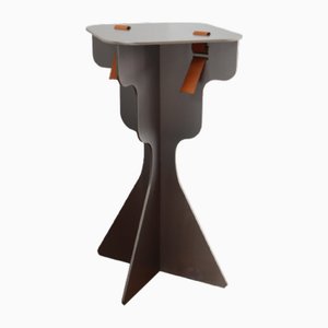 Fret Silver Steel Metal and Brown Genuine Leather Stool by Kwaku Boateng