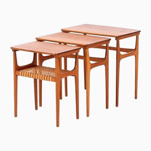 Teak Nesting Tables with Cane Webbing by Erling Torvits for Heltborg Møbler, 1950s, Set of 3