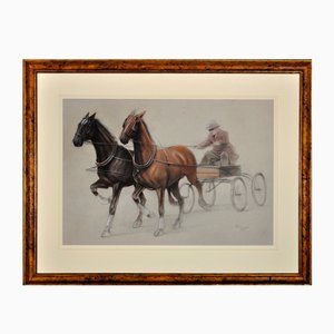 Cecil Aldin, Trotting Horses Harnessed to a Lightweight Four Wheel Cart Trap, Chalk Drawing, Framed