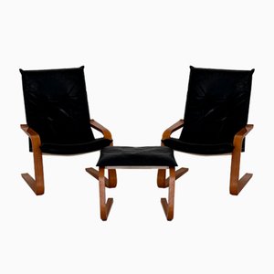 Fauteuils et Pouf Vintage en Cuir, 1970s, Set de 3