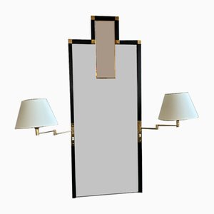 Abgeschrägter Mid-Century Wandspiegel aus Holz & Messing mit Beleuchtung, 1970er