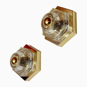 Hexagonal Glass and Brass Wall Lights, 1970s, Set of 2