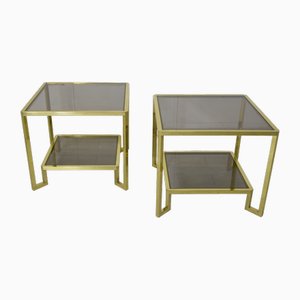 Brass Coffee Tables with Smoked Glass Tops attributed to Guy Lefevre for Maison Janson, 1970s, Set of 2