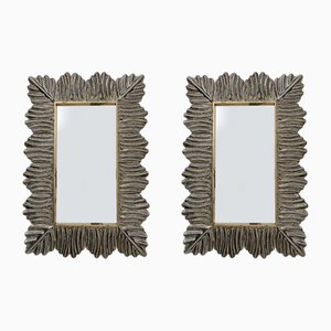 Mid-Century Modern Italian Brass and Leaf Murano Glass Wall Mirrors, 1990s, Set of 2