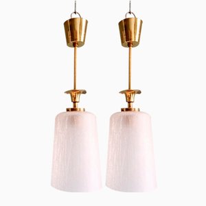 Mid-Century Pendant Lights in Brass and Clear Crackled Glass, 1950s, Set of 2