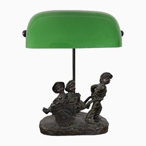 Vintage Figural Table Lamp with Green Glass Shade