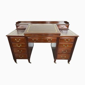 Vintage Mahogany Partners Desk with Leather Inlay and Brass Hardware