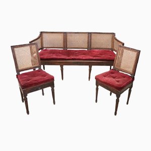 Walnut and Vienna Straw Sofa with Chairs,18th Century, Set of 3
