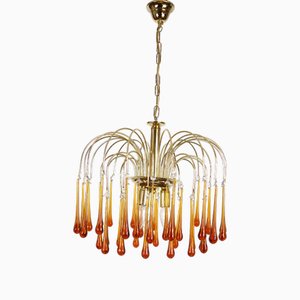 Lampadario in metallo placcato oro e vetro di Murano di Paolo Venini per Mand Eurolux, anni '70