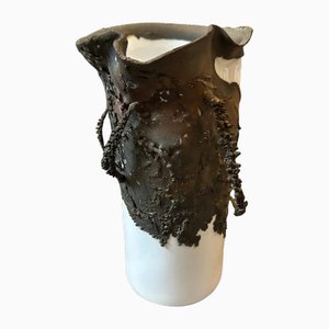 Brutalist Bronze and White Porcelain Sculptured Sicilian Vase, 1970s