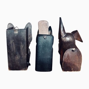 Scottish Dog Toothbrush Holder Carved in Wood with Glass Eyes, 1930s, Set of 3