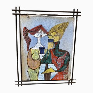 Mid-Century Modern Iron Framed Hand Painted Ceramic Italian Plaque, 1950s