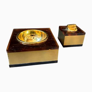 Mid-Century Modern Brass and Fake Tortoiseshell Acrylic Glass Italian Smoking Set, 1970s, Set of 2