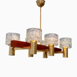 Scandinavian Modern Teak & Glass Chandelier attributed to Hans-Agne Jakobsson for Hans-Agne Jakobsson Ab Markaryd, Sweden, 1950s