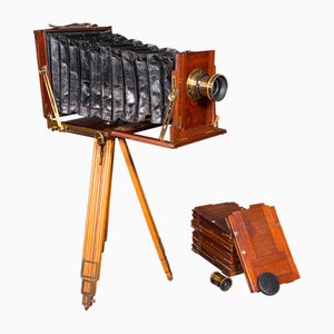 Trípode y cámara de campo inglesa antigua, década de 1890. Juego de 2
