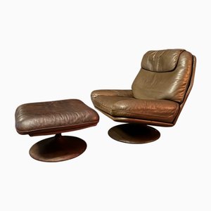 Fauteuil en Cuir avec Ottomane de de Sede, 1970s, Set de 2