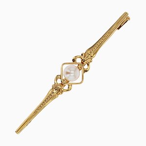 French Cultured Pearl 18 Karat Yellow Gold Bar Brooch, 1960s