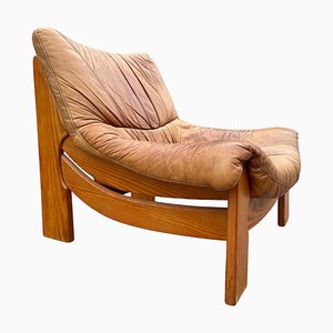 Vintage Leather Lounge Chair in Pine from Maison Regain, 1970s