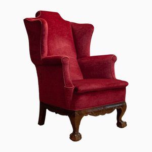 Sillón de orejas vintage de terciopelo rojo, años 20