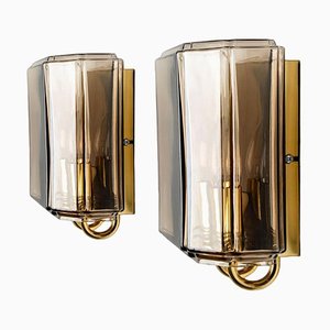 Glashütte Limburg zugeschriebene Rauchglas Wandlampen, 1960er, 2er Set